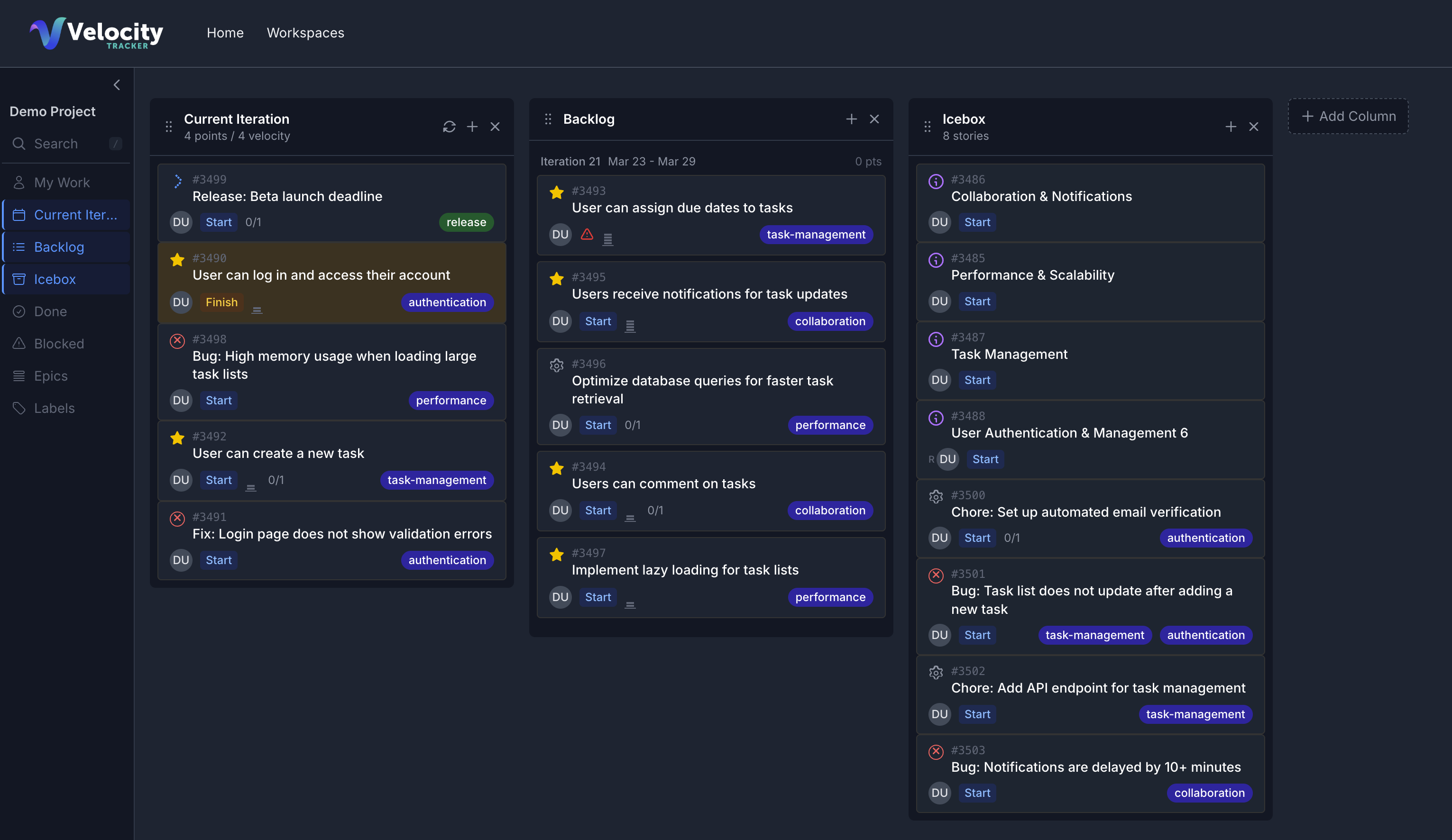 Velocity Tracker planning board
