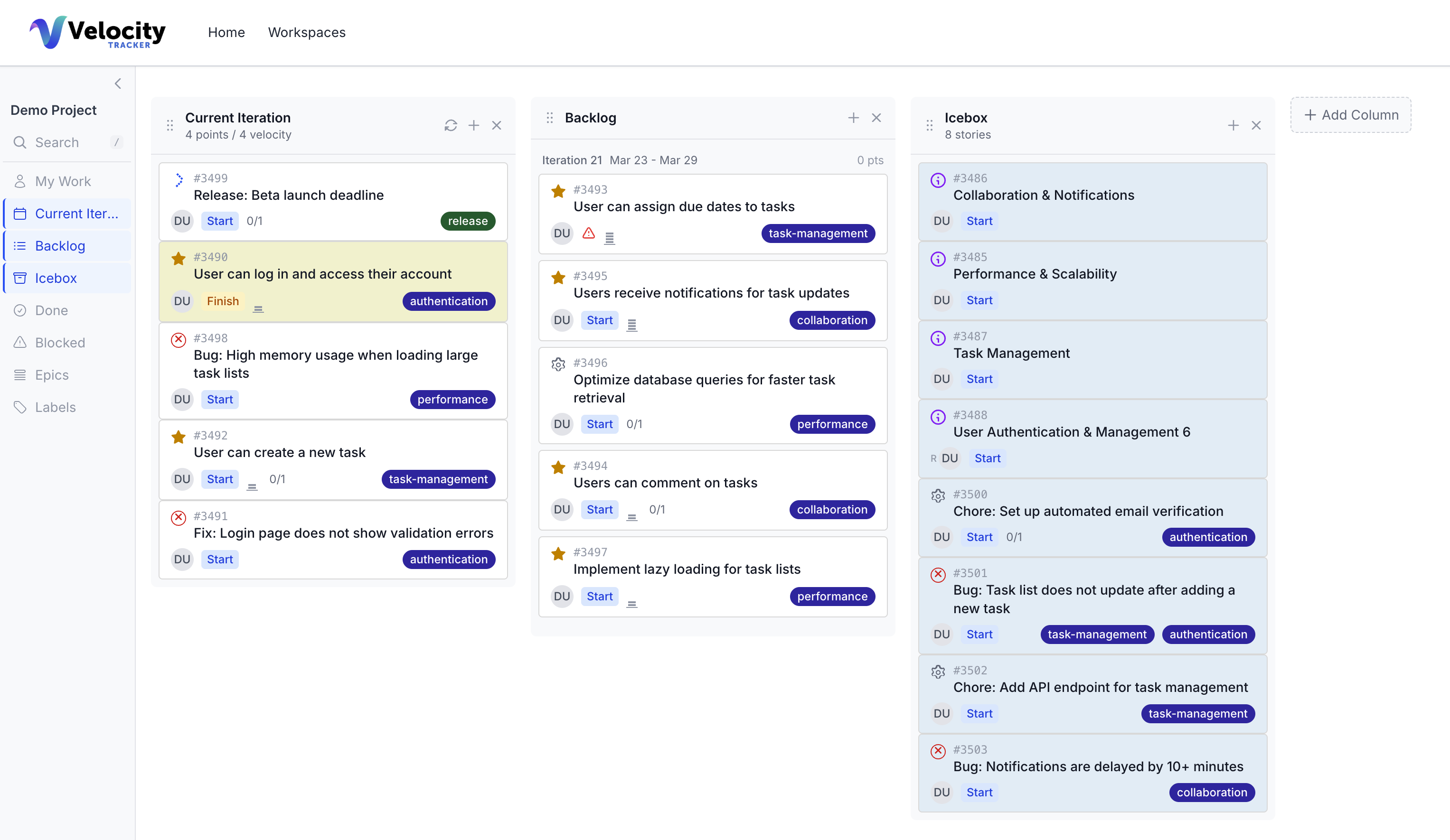 Velocity Tracker planning board